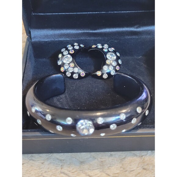 Rare Vintage Black Bangle Cuff Crescent Moon Clip Earrings Set AB Rhinestones - Picture 9 of 11